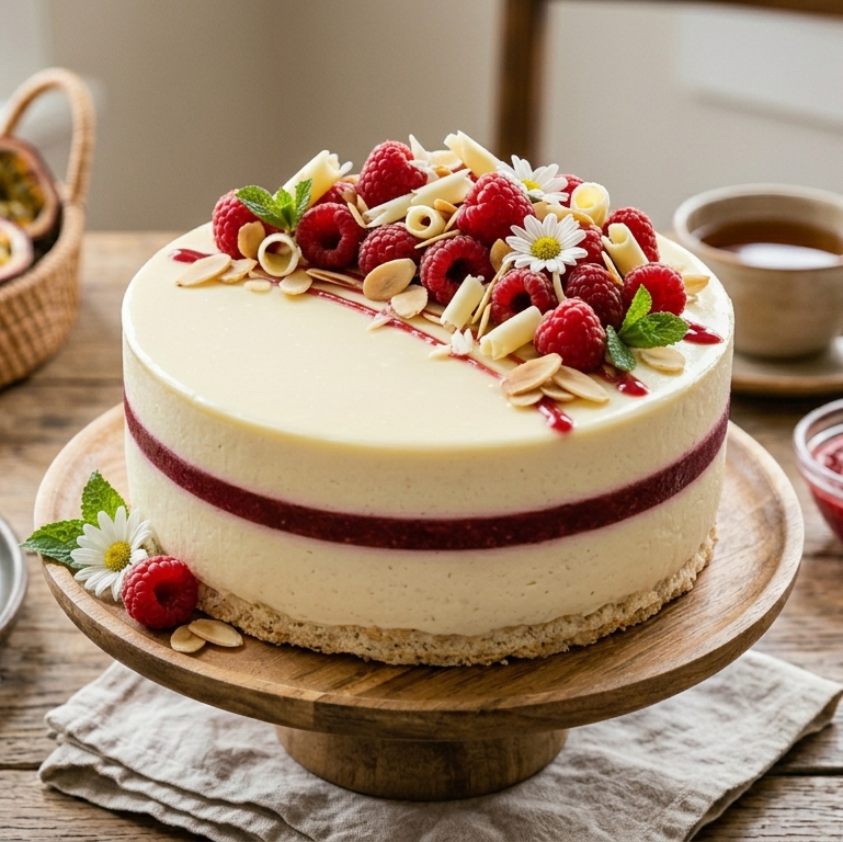 Mandulás málna-fehércsokoládé mousse torta